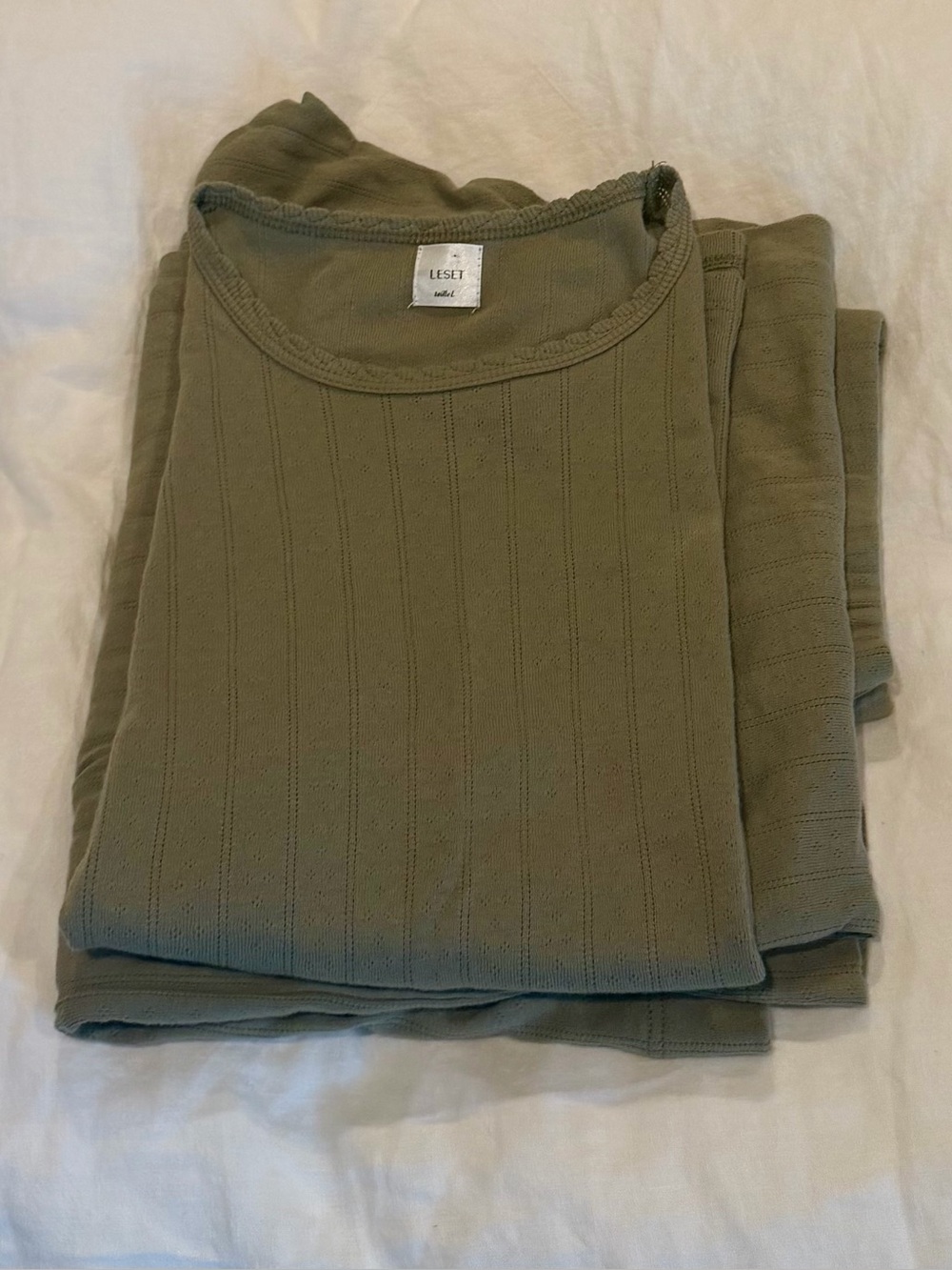 LESET Pointelle Short Sleeve Top (L) & Boxer Leg Pant (M) Set in Cypress NWT